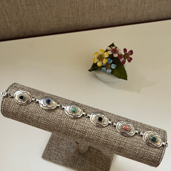 Vintage Sterling Silver Turquoise Coral Onyx Bracelet - Picture 8 of 8